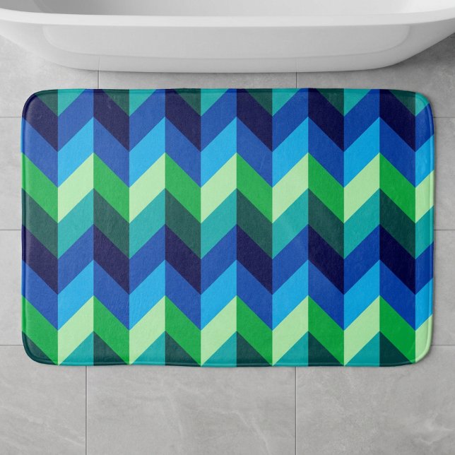 Blue Green Ombre Chevrons Large Bath Mat Badematte (Blue Green Ombre Chevrons Large Bath Mat on floor in front of a bath tub in a modern style bathroom.)