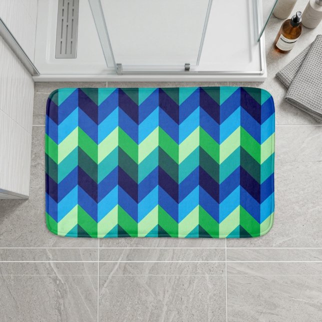 Blue Green Ombre Chevrons Small Bath Mat Badematte (Blue Green Ombre Chevrons Small Bath Mat on floor in front of shower in a modern style bathroom.)