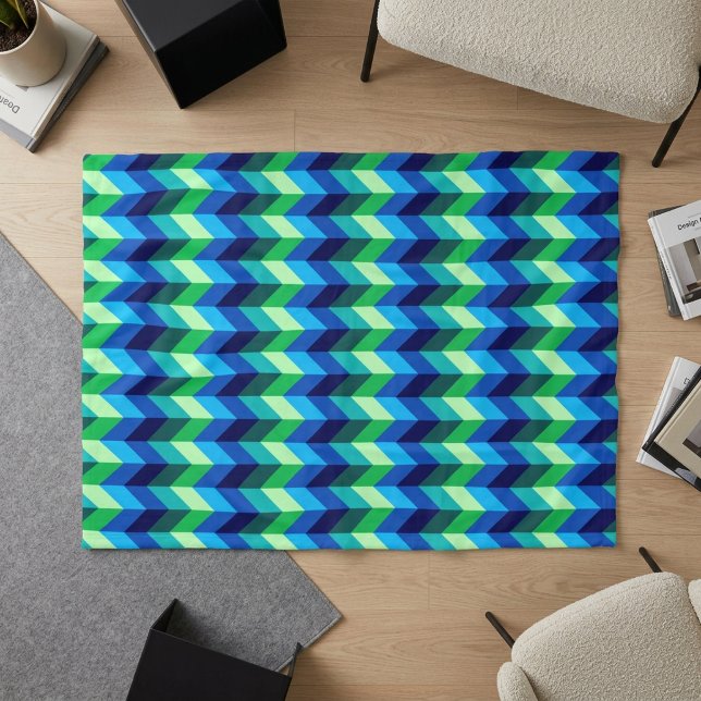 Blue Green Ombre Chevrons Small Fleece Blanket (Blue Green Ombre Chevrons Small Fleece Blanket on floor of modern style living room.)