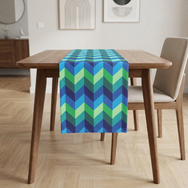 Blue Green Ombre Chevrons Small Table Runner Kurzer Tischläufer (Blue Green Ombre Chevrons Small Table Runner covering a table in a modern style dining room.)