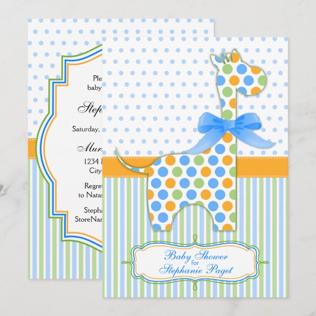 Blue Green Orange Giraffe Baby Dusche Einladung (Vorne/Hinten)