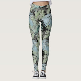 Blue Green Palm Blätter Black Leggings