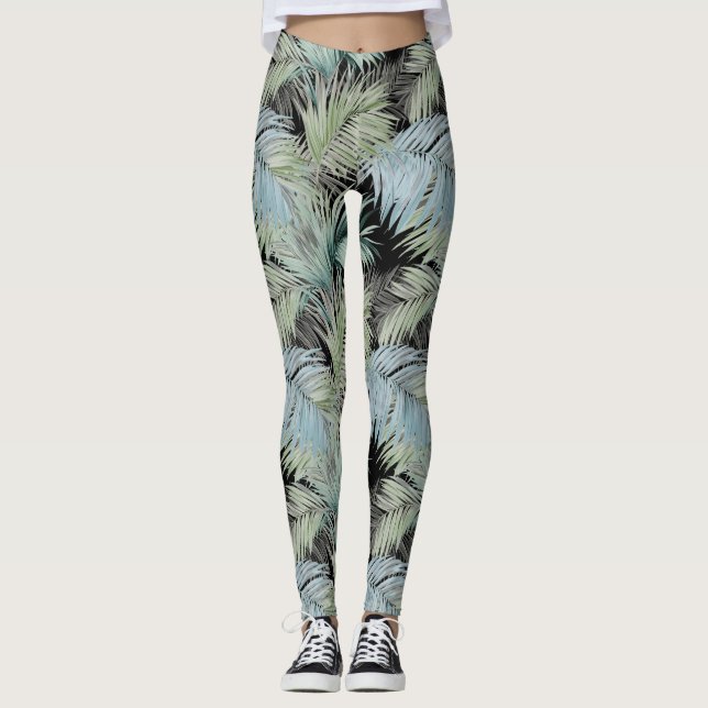 Blue Green Palm Blätter Black Leggings (Vorderseite)