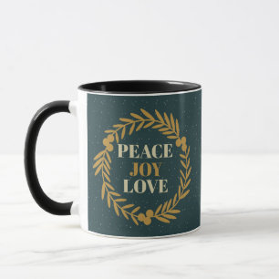 Blue Green Peace, Joy, Liebe Gold Weihnachtskranz Tasse