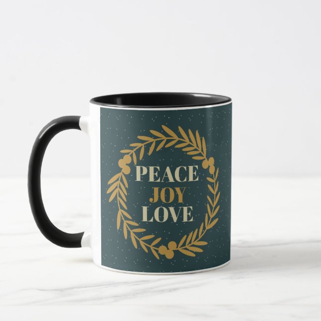 Blue Green Peace, Joy, Liebe Gold Weihnachtskranz Tasse (Links)