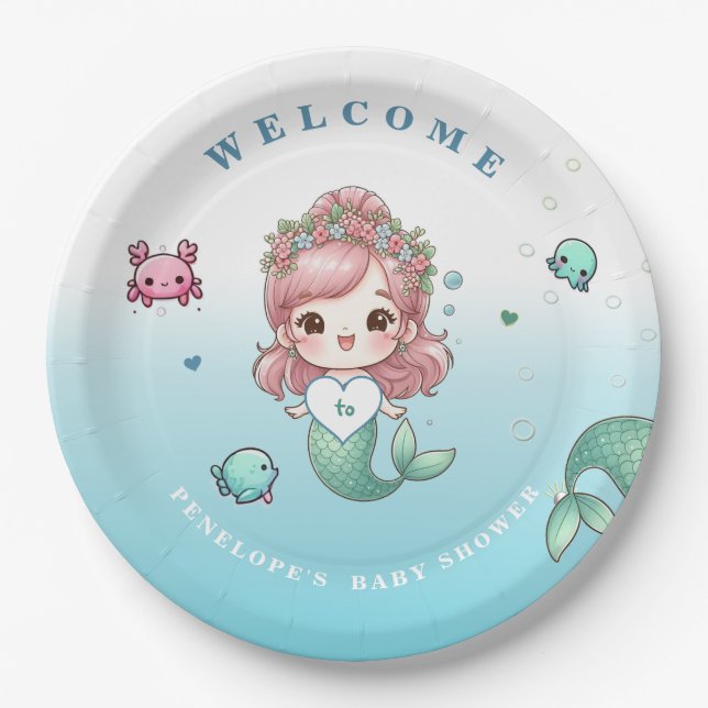 Blue Green Peach Pink Adorable Mermaid Baby Dusche Pappteller (Vorderseite)