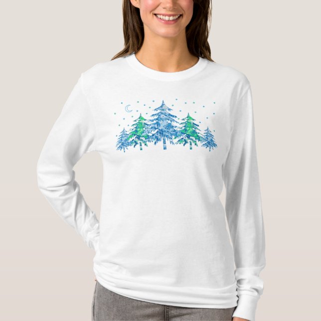 Blue Green Pine Tree Winter Forest Weihnachten T-Shirt (Vorderseite)