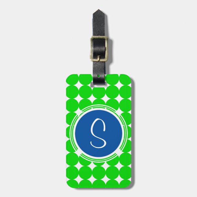 Blue & Green Polka Dot Monogram Gepäckanhänger (Vorderseite vertikal)
