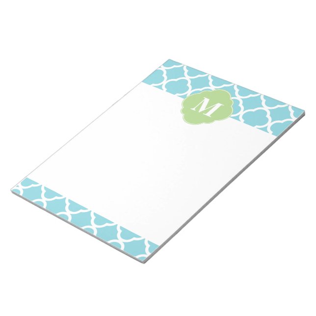 Blue Green Quatrefoil Monogramm Notizblock (angewinkelt)