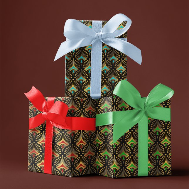 Blue, Green Red Art Deco Pattern On Black Geschenkpapier Set (Von Creator hochgeladen)