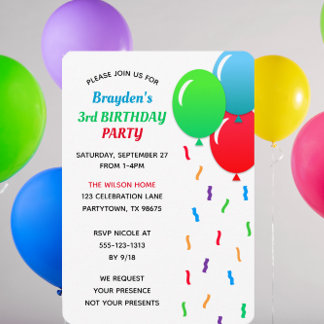 Blue Green & Red Balloons und Confetti Geburtstag Einladung