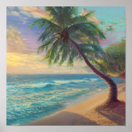 Blue Green Red Orange Beach Palm Tree Sunset Poster