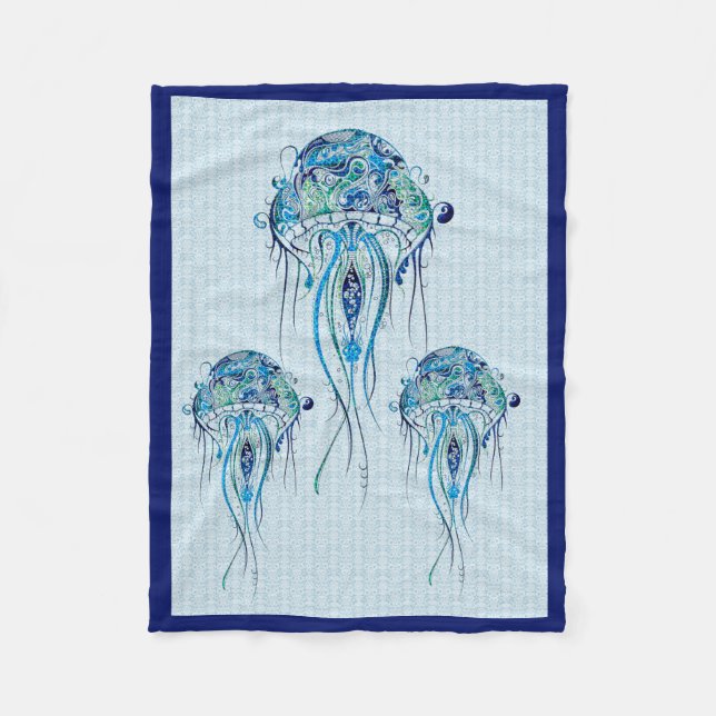 Blue-Green Retro Jellyfish Over Blue Background Fleecedecke (Vorderseite)