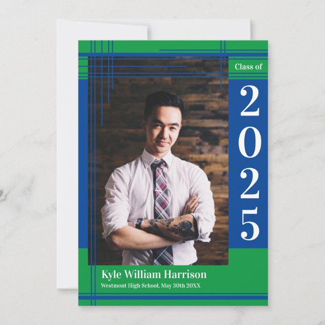 Blue Green School Color Abschluss Foto Kariert Einladung (Vorderseite)