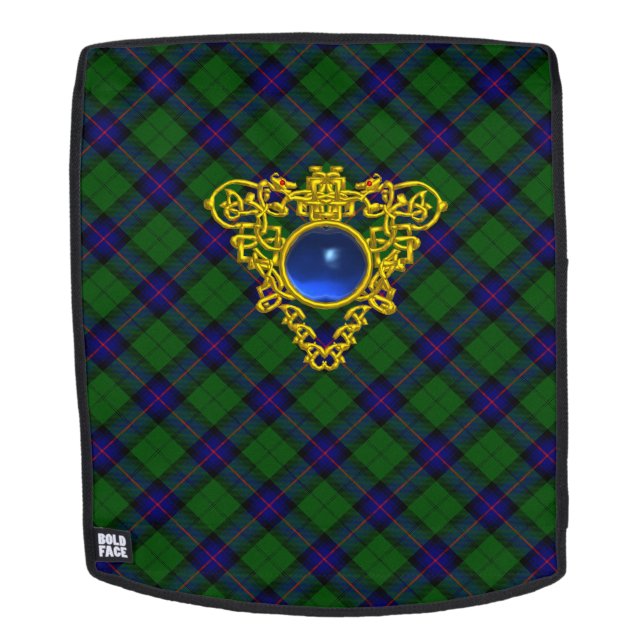 BLUE GREEN SCOTTISH TARTAN, GOLD CELTIC HERZ RUCKSACK (Abnehmbare Front)