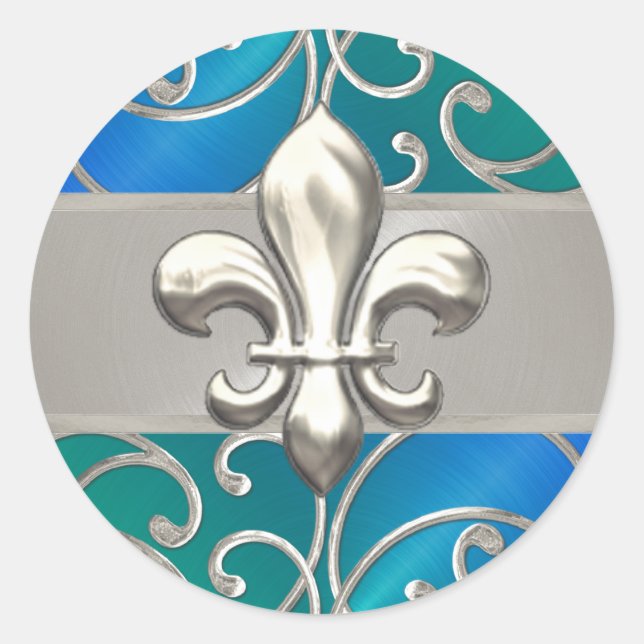 Blue Green Silver Filigree Wirbel Lilie Runder Aufkleber (Vorderseite)