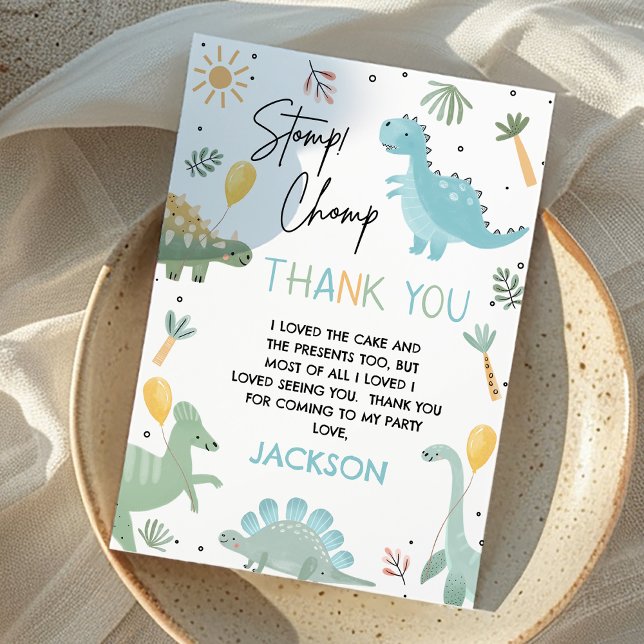 Blue Green Stomp Chomp Party Dinosaur 1. Geburtsta Dankeskarte (Cute Dinosaur Birthday Party Thank You Card, Party Like Dinosaur Thank You Card, Dino Thank You Card)