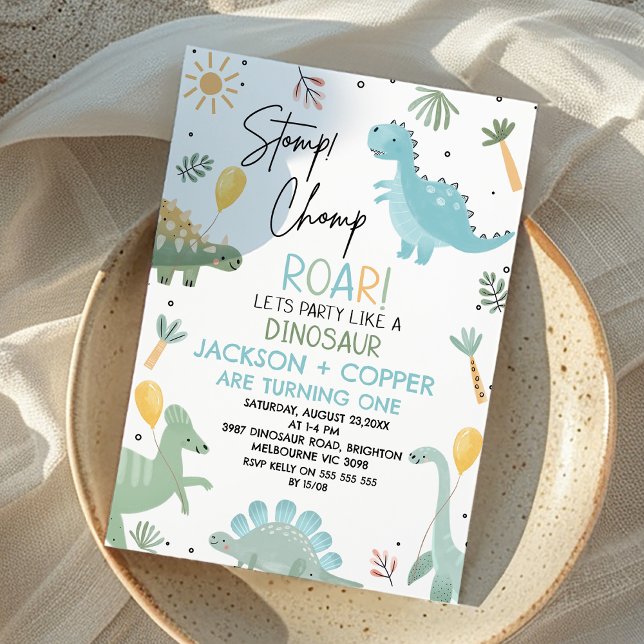 Blue Green Stomp Chomp Twins Dinosaur 1. Geburtsta Einladung (Twin Boys Stomp Chomp Roar Party Like Dinosaur Birthday Invitation Dino 1st Birthday Invitation Twin)