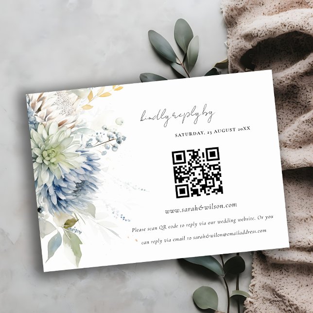 Blue Green Succulent Floral Wedding QR Code RSVP Begleitkarte (Von Creator hochgeladen)