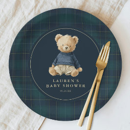 Blue Green Tartan Polo Bear Baby Shower Pappteller