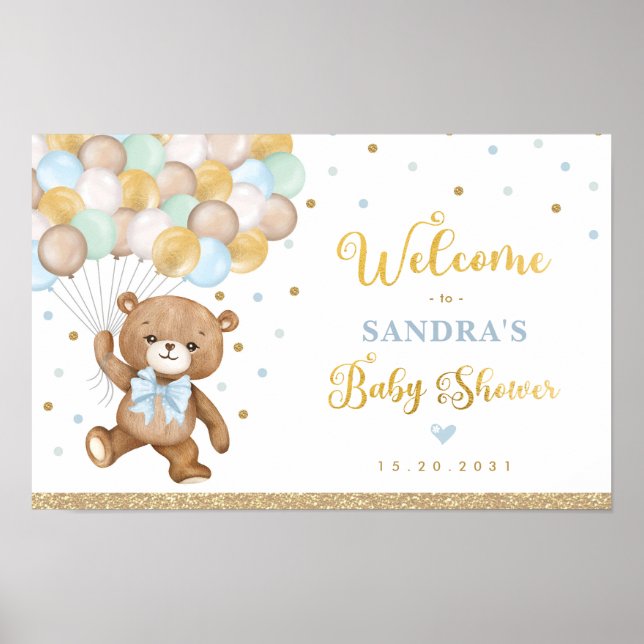 Blue Green Teddy Bear Balloon Welcome Baby Boy Poster (Vorne)