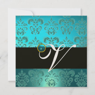 BLUE GREEN TURQUOISISCH BLACK GOLD DAMASK MONOGRAM EINLADUNG