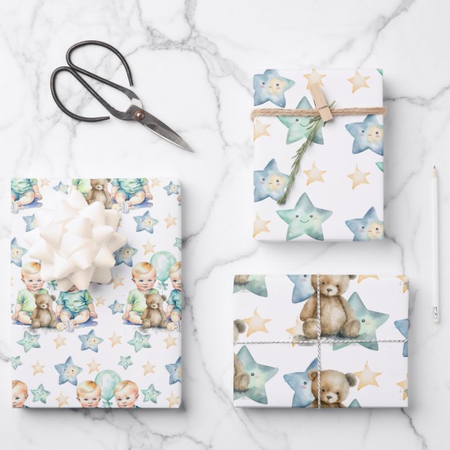 Blue Green Twin Baby Boys Babydusche oder New Baby Geschenkpapier Set (Vorderseite)