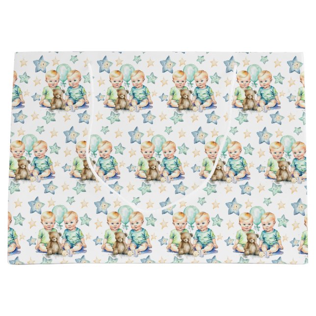 Blue Green Twin Baby Boys Babydusche oder New Baby Große Geschenktüte (Vorderseite)
