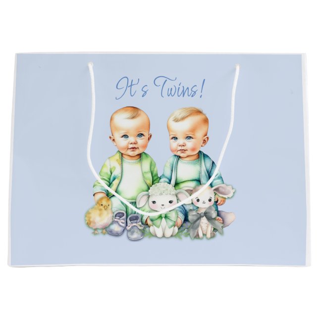 Blue, Green Twins Watercolor Babydusche Große Geschenktüte (Vorderseite)