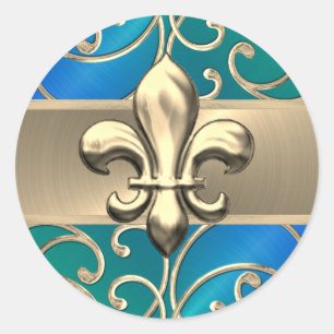 Blue Green und Gold Filigree Wirbel Lilie Runder Aufkleber