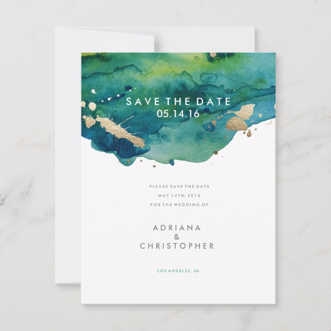 Blue Green und Gold Spritzer Hochzeit Sichern Sie  Save The Date (Vorderseite)