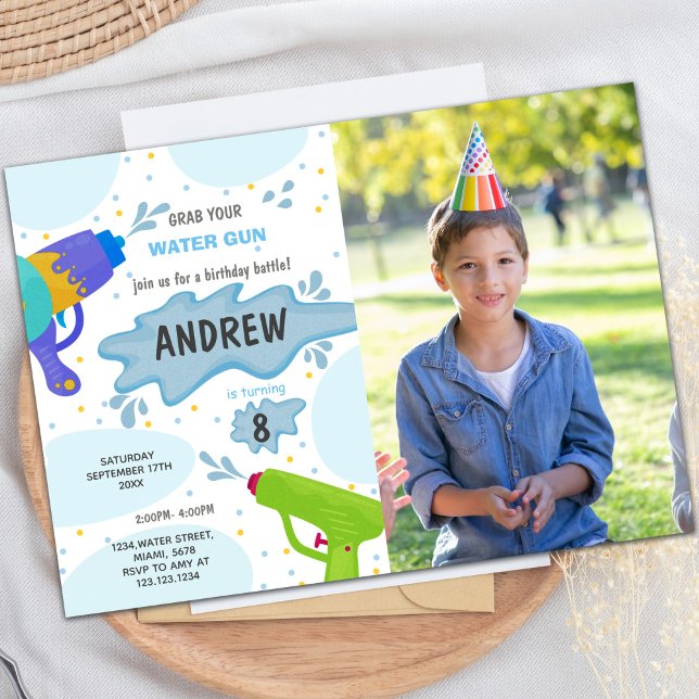 Blue Green Water Gun Birthday Einladungen w Foto (Blue Green Water Gun Birthday Invitations w photo)
