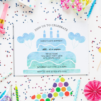 Blue Green Watercolor Cake Balloons 65. Geburtstag Einladung