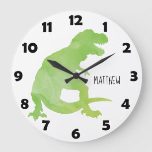 Blue Green Watercolor Dinosaurier Personalisiert K Große Wanduhr