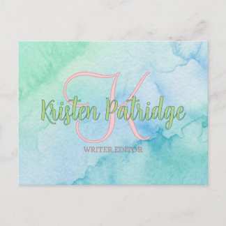 blue green watercolor editor writer name monogram postkarte