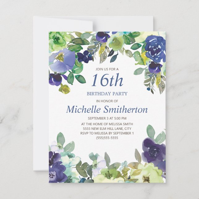 Blue Green Watercolor Floral 16th Birthday Party Karte (Vorderseite)