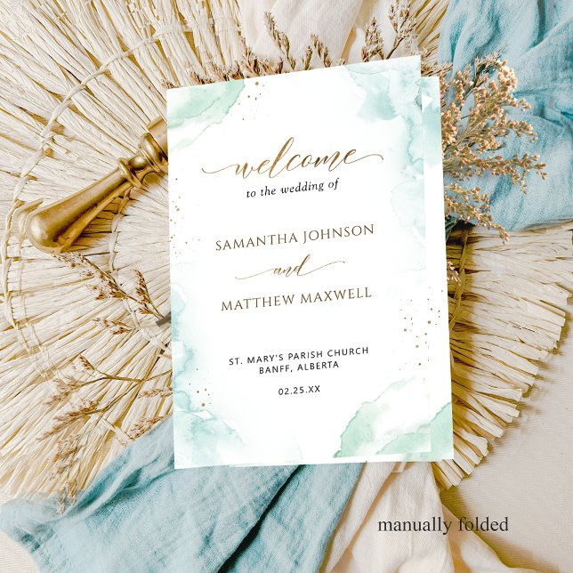 Blue Green Watercolor Folded Wedding Program (Von Creator hochgeladen)