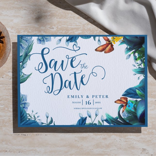 Blue Green Watercolor Foliage Butterfly Wedding Ankündigungspostkarte (Blue Green Watercolor Foliage Butterfly Wedding Announcement Postcard)