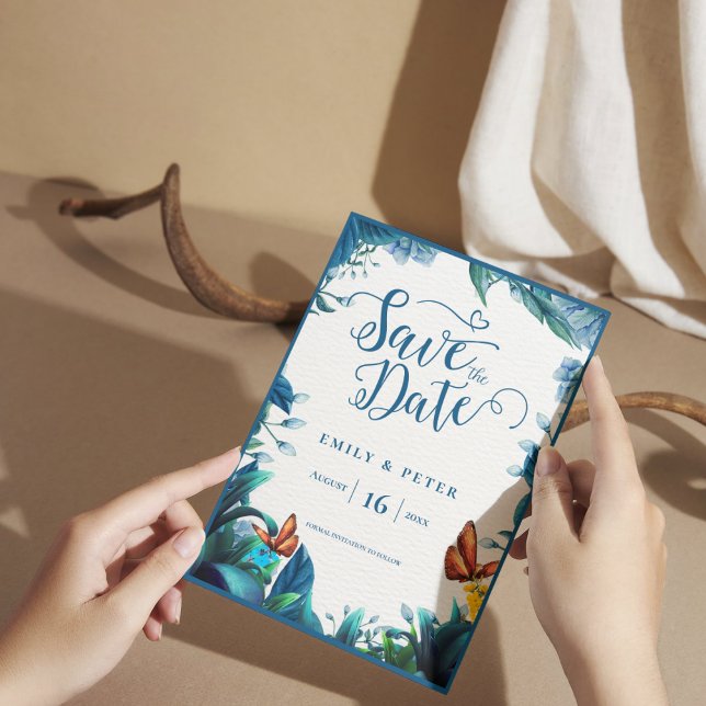 Blue Green Watercolor Foliage Butterfly Wedding Ankündigungspostkarte (Blue Green Watercolor Foliage Butterfly Wedding Announcement Postcard)