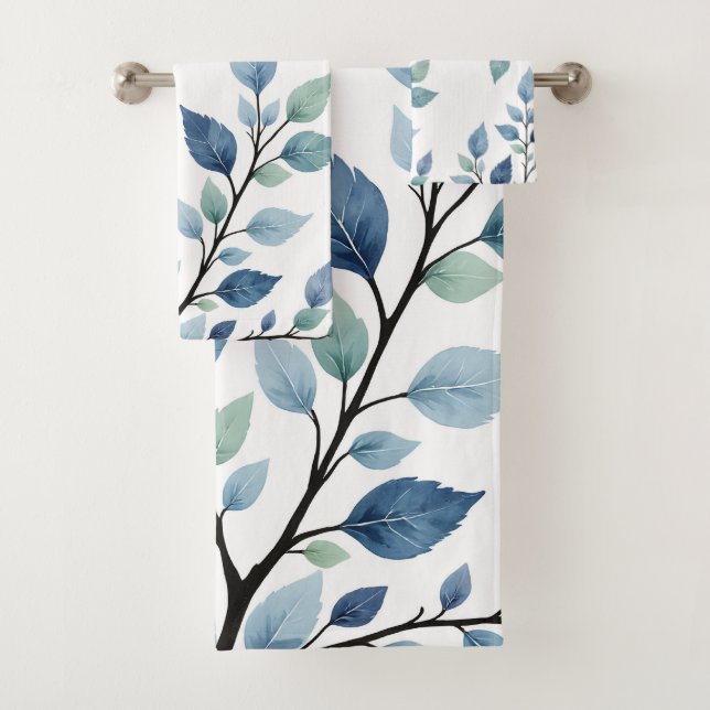 Blue Green Watercolor Leaves Botanical Design 376 Badhandtuch Set (Insitu)