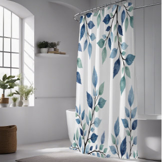 Blue Green Watercolor Leaves Botanical Design 376 Duschvorhang