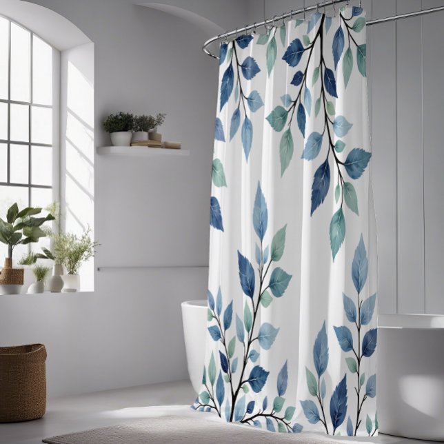 Blue Green Watercolor Leaves Botanical Design 376 Duschvorhang (Von Creator hochgeladen)
