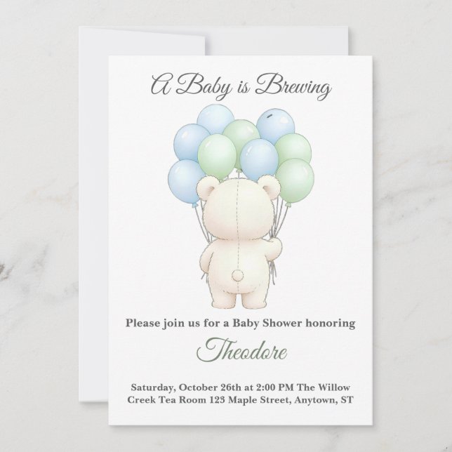 Blue & Green Watercolor Teddy Bear Baby Shower  (Vorderseite)