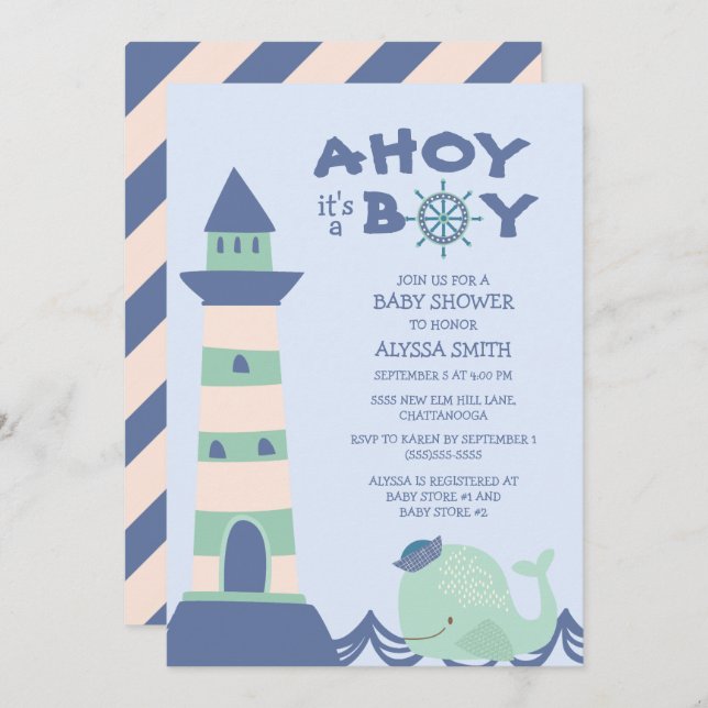 Blue Green Whale Lighthouse Ahoy Boy Baby Dusche Einladung (Vorne/Hinten)