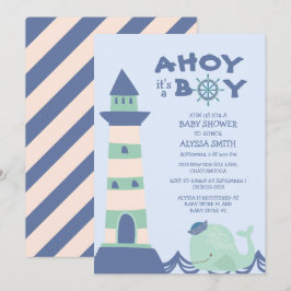 Blue Green Whale Lighthouse Ahoy Boy Baby Dusche Einladung