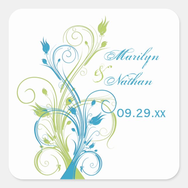 Blue Green White Floral 1,5" Hochzeitsticker Quadratischer Aufkleber (Vorderseite)