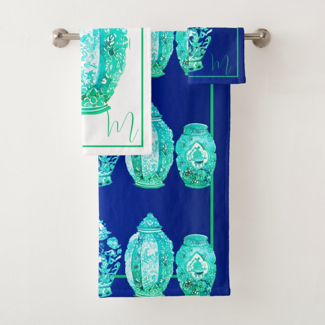 Blue Green White Mit Monogramm Elegant Ginger Jar Badhandtuch Set (Insitu)
