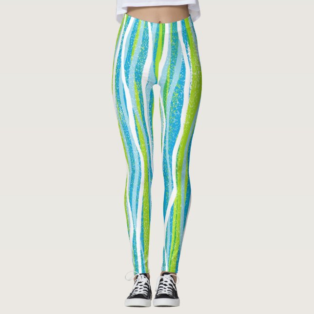 Blue Green White Strip Quality Workout Leggings (Vorderseite)