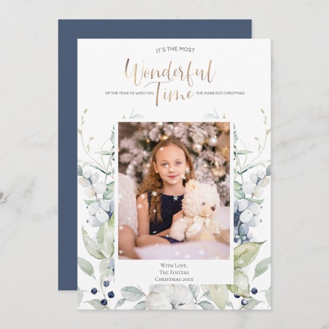 Blue Green White Winter Floral Foto Christmas Einladung (Vorne/Hinten)