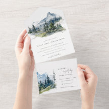 Blue Green Woods Mountain Landscape Sketch Wedding